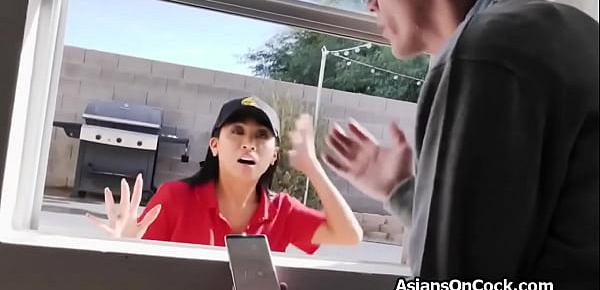  Asian delivery lady fucked by two horny guys